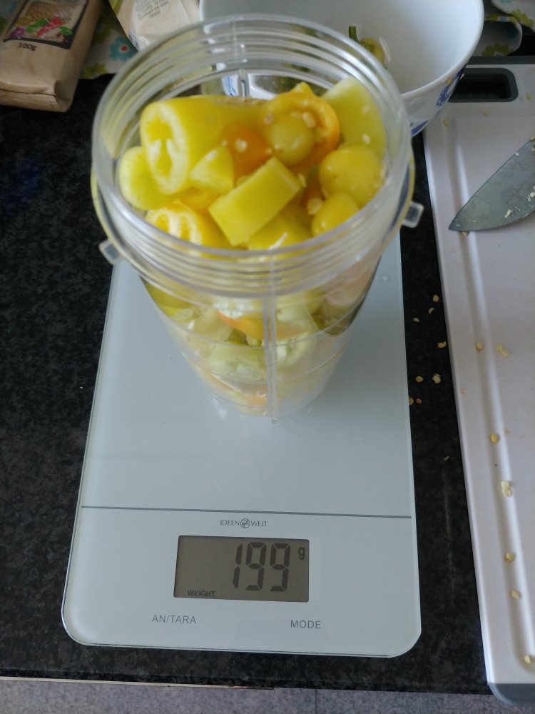 Chilis in den Mixer und abwiegen